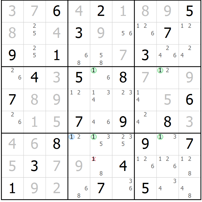 Position des candidats pour la solution de la Gr 77 page 80 du magazine de sudoku Virtuose n° 121