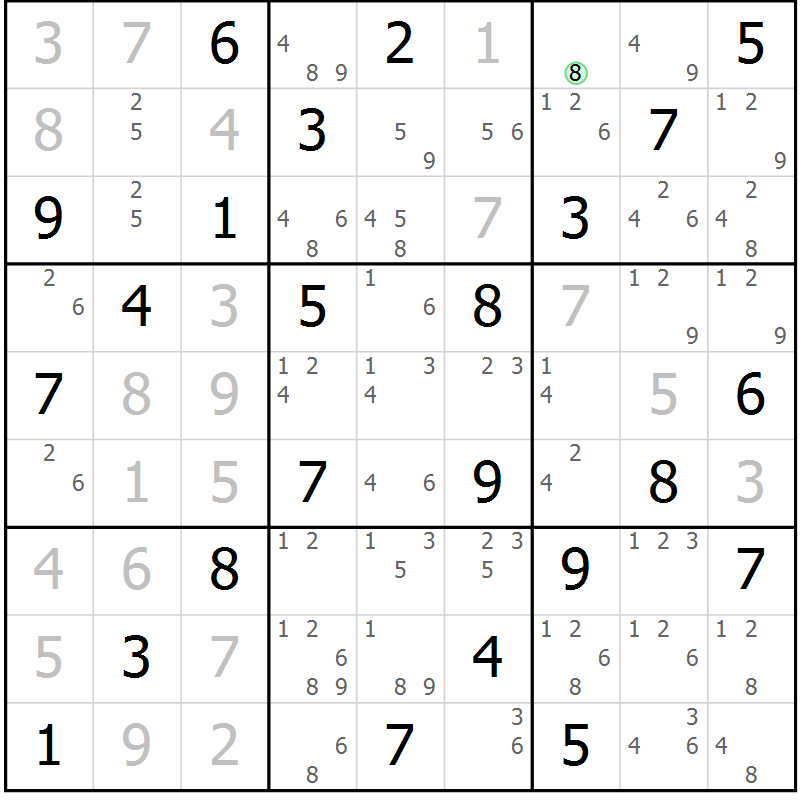Position des candidats pour la solution de la Gr 77 page 80 du magazine de sudoku Virtuose n° 121