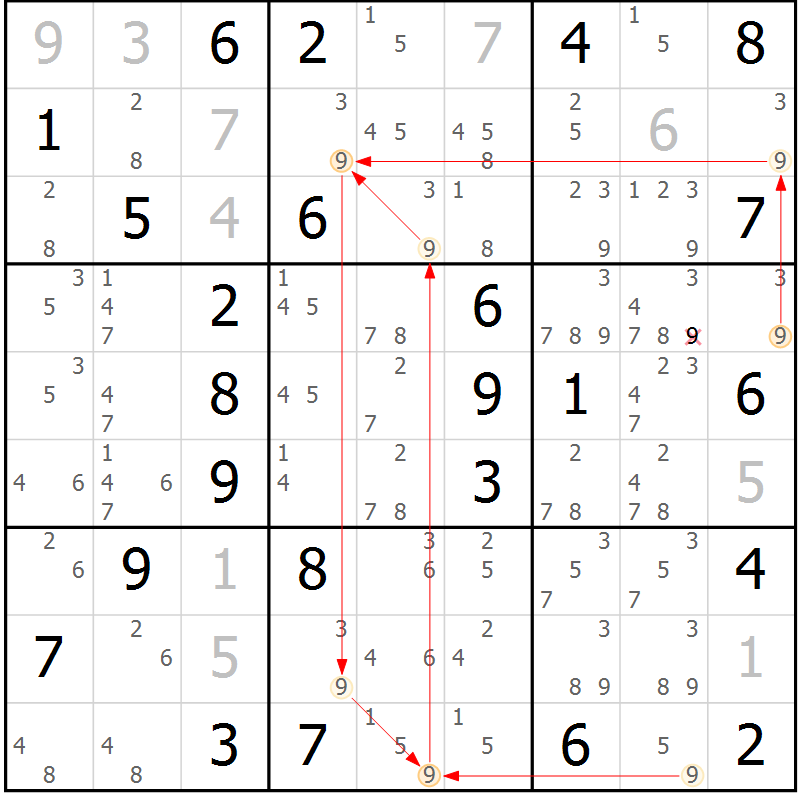 Position des candidats pour la solution de la Gr 78 page 81 du magazine de sudoku Virtuose n° 121