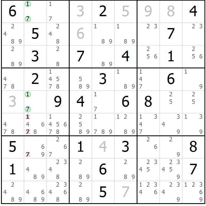 Position des candidats pour la solution de la Gr 79 page 82 du magazine de sudoku Virtuose n° 121