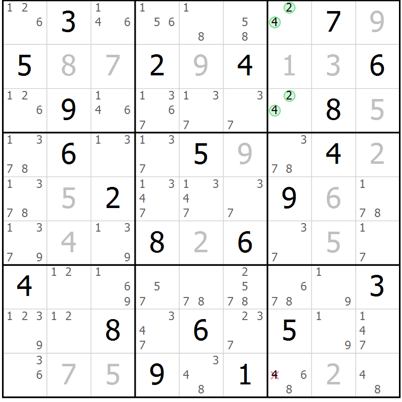Position des candidats pour la solution de la Gr 8 page 11 du magazine de sudoku Virtuose n° 121