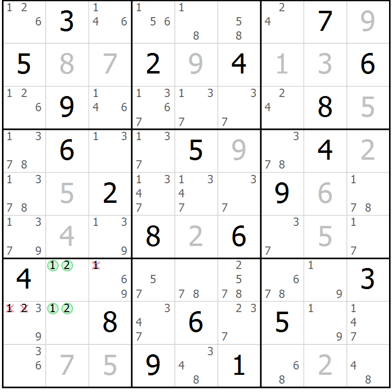 Position des candidats pour la solution de la Gr 8 page 11 du magazine de sudoku Virtuose n° 121
