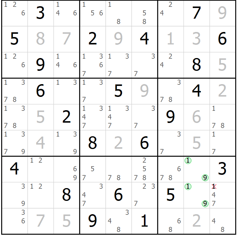 Position des candidats pour la solution de la Gr 8 page 11 du magazine de sudoku Virtuose n° 121