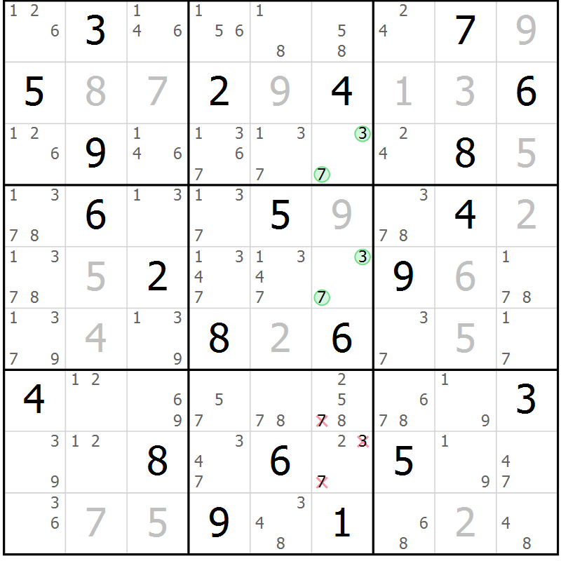 Position des candidats pour la solution de la Gr 8 page 11 du magazine de sudoku Virtuose n° 121