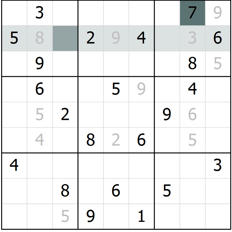 Position des candidats pour la solution de la Gr 8 page 11 du magazine de sudoku Virtuose n° 121