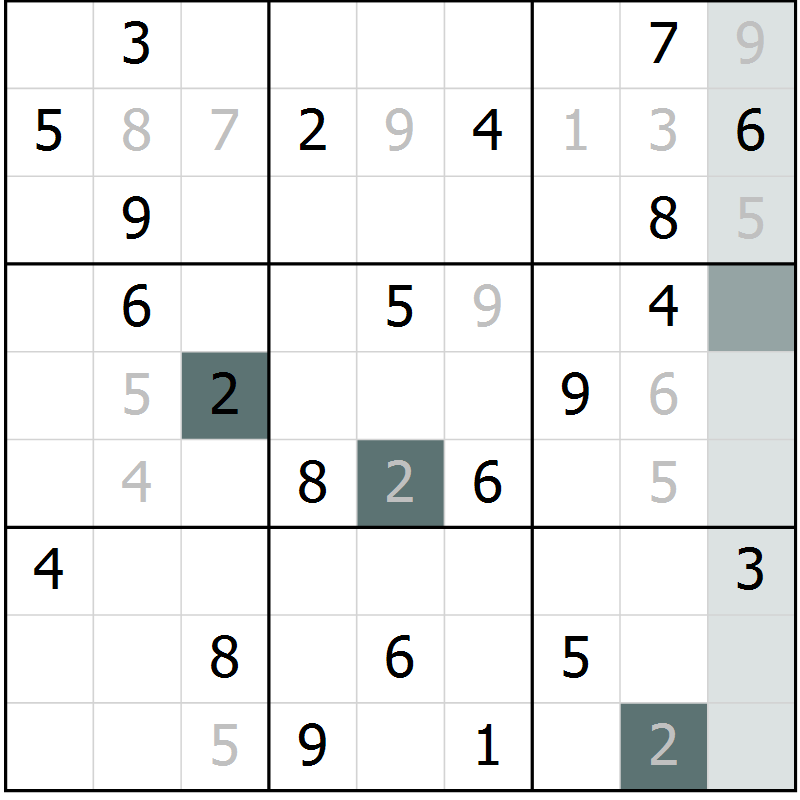 Position des candidats pour la solution de la Gr 8 page 11 du magazine de sudoku Virtuose n° 121