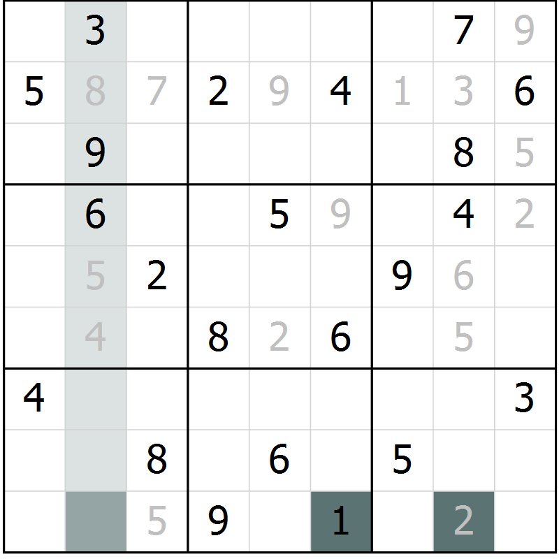 Position des candidats pour la solution de la Gr 8 page 11 du magazine de sudoku Virtuose n° 121