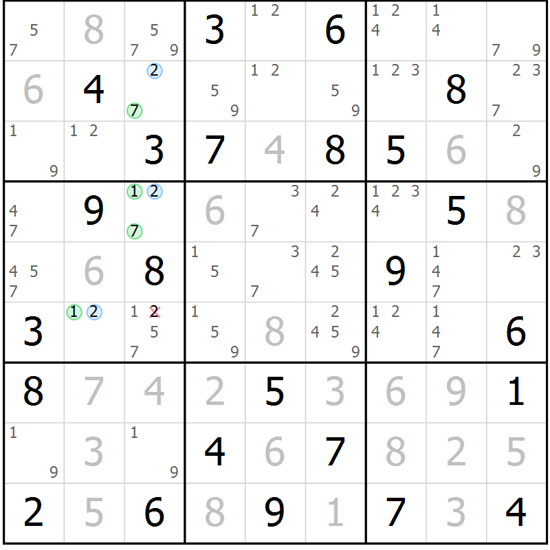 Position des candidats pour la solution de la Gr 80 page 83 du magazine de sudoku Virtuose n° 121