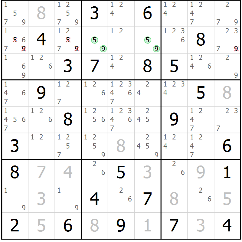 Position des candidats pour la solution de la Gr 80 page 83 du magazine de sudoku Virtuose n° 121