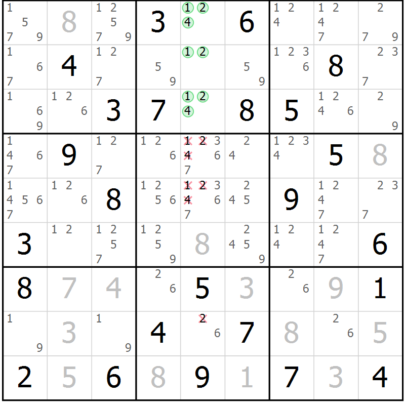 Position des candidats pour la solution de la Gr 80 page 83 du magazine de sudoku Virtuose n° 121