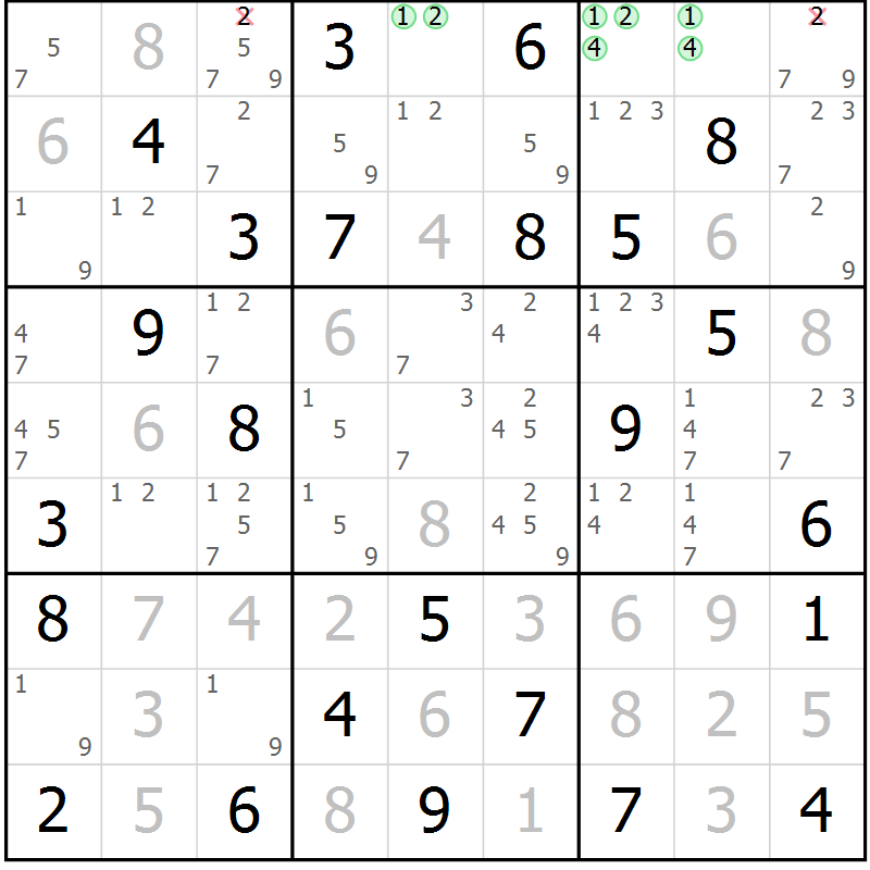 Position des candidats pour la solution de la Gr 80 page 83 du magazine de sudoku Virtuose n° 121