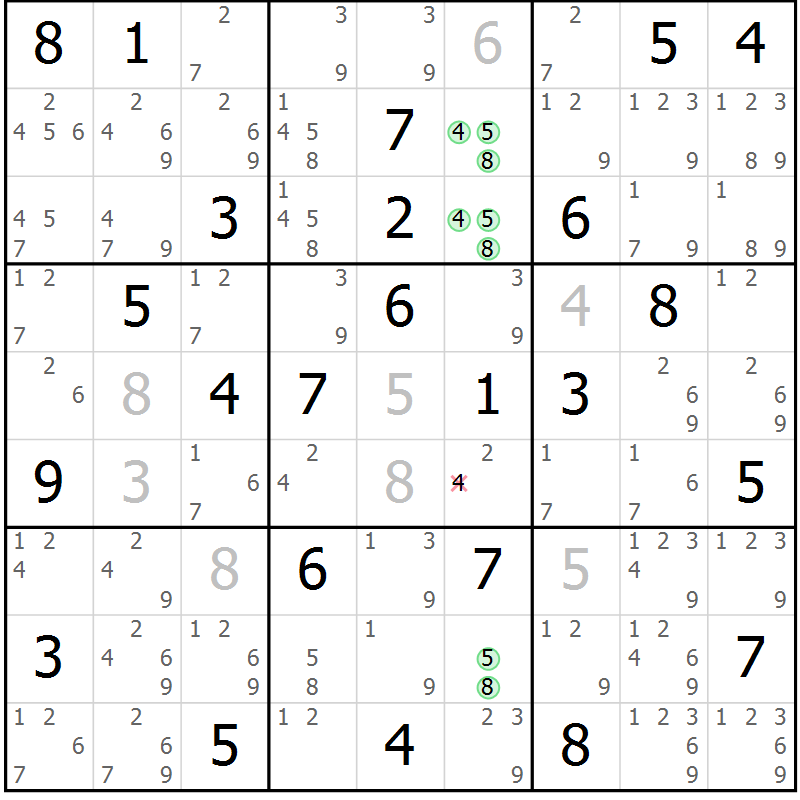 Position des candidats pour la solution de la Gr 81 page 84 du magazine de sudoku Virtuose n° 121