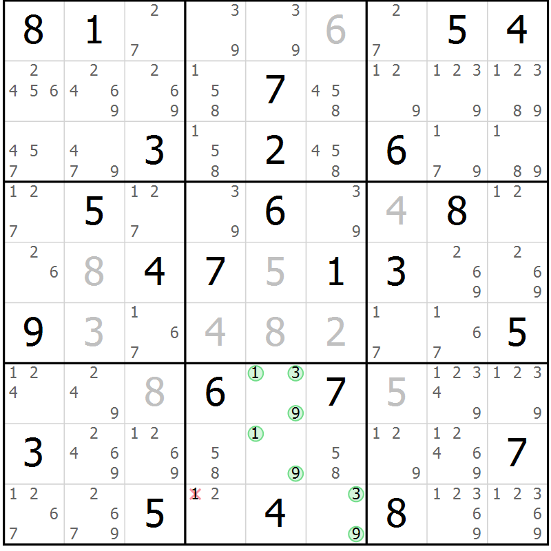 Position des candidats pour la solution de la Gr 81 page 84 du magazine de sudoku Virtuose n° 121