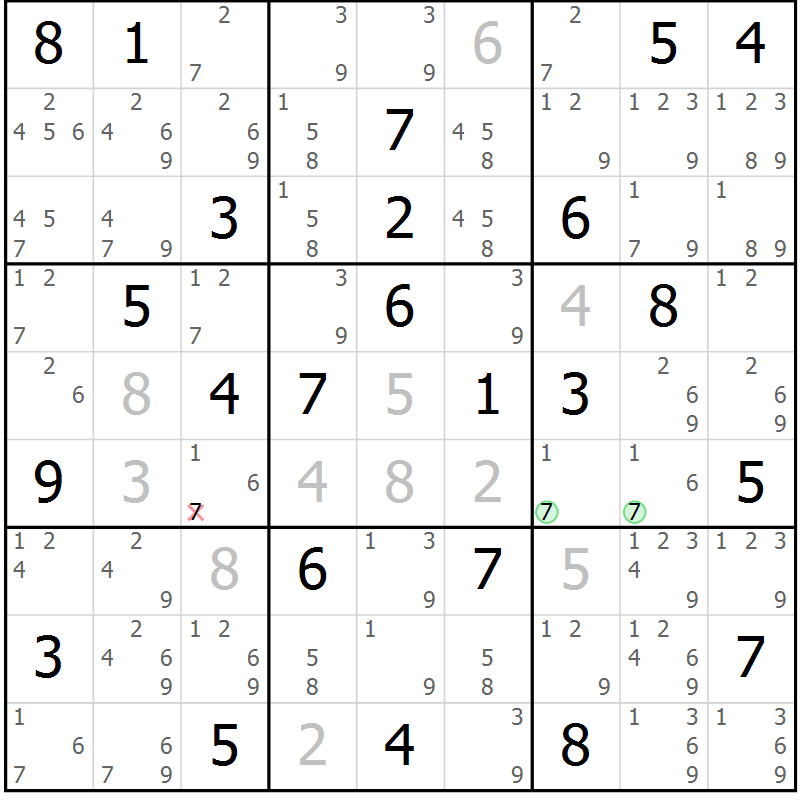 Position des candidats pour la solution de la Gr 81 page 84 du magazine de sudoku Virtuose n° 121