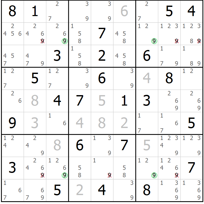 Position des candidats pour la solution de la Gr 81 page 84 du magazine de sudoku Virtuose n° 121