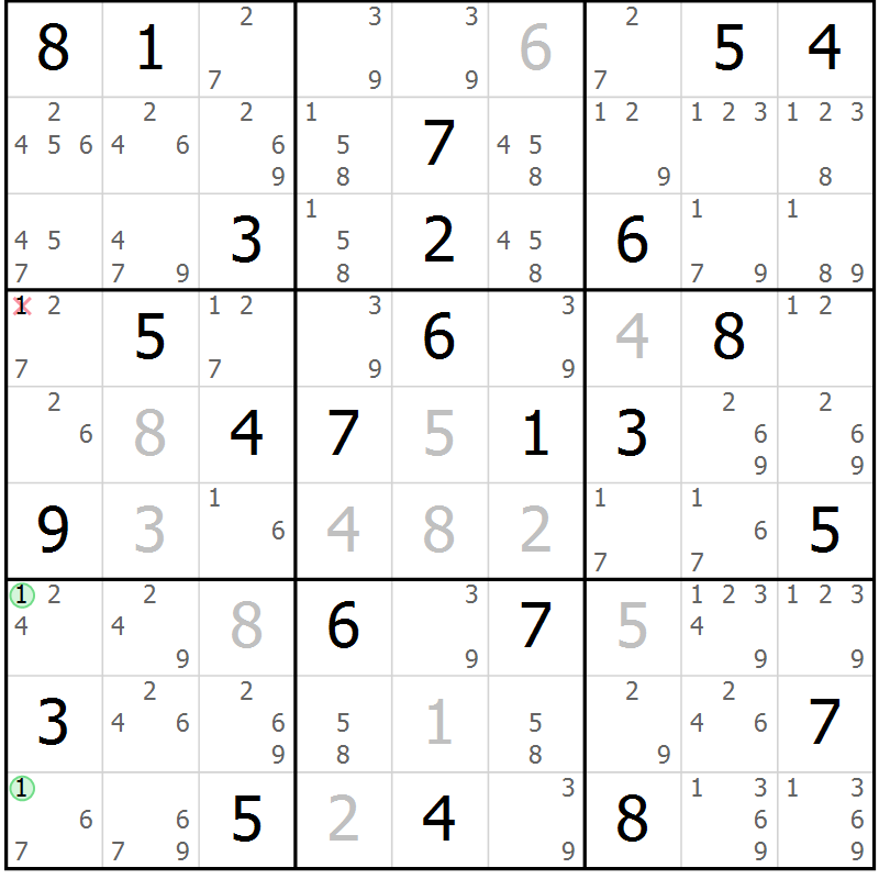 Position des candidats pour la solution de la Gr 81 page 84 du magazine de sudoku Virtuose n° 121
