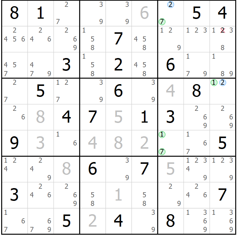 Position des candidats pour la solution de la Gr 81 page 84 du magazine de sudoku Virtuose n° 121