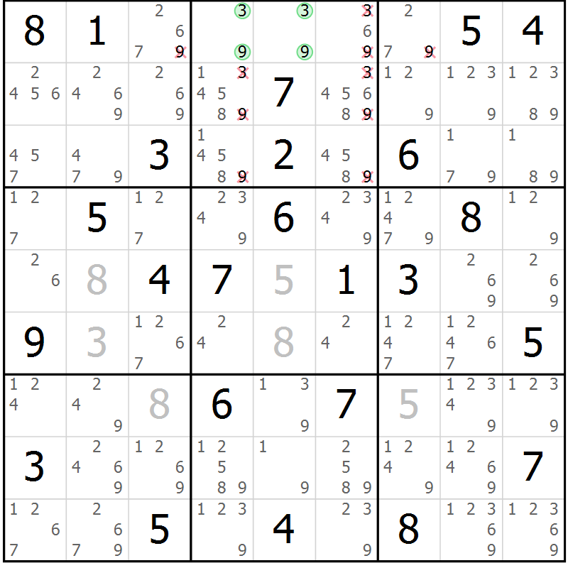 Position des candidats pour la solution de la Gr 81 page 84 du magazine de sudoku Virtuose n° 121