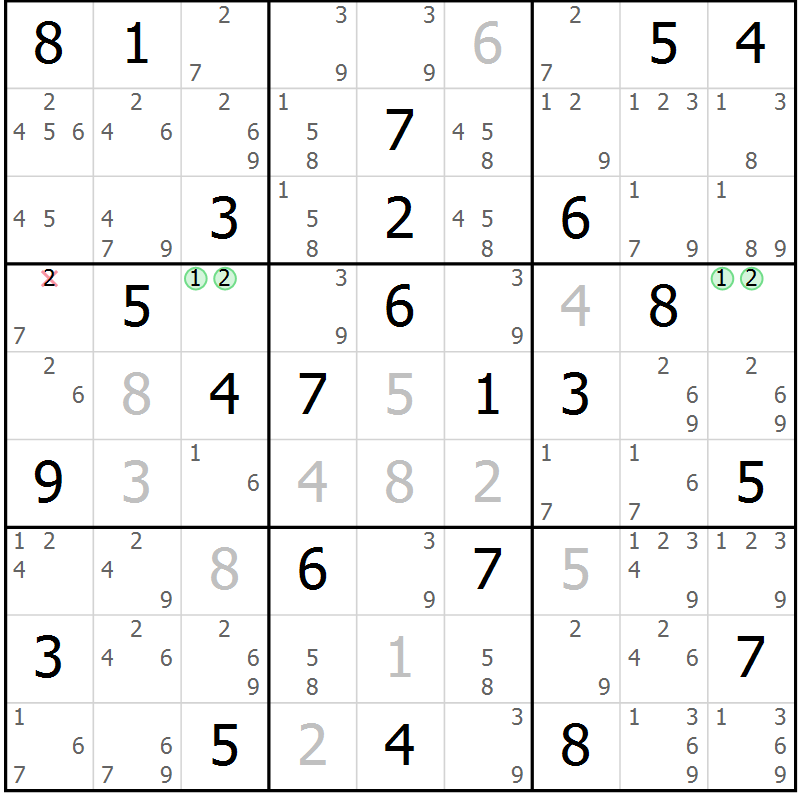 Position des candidats pour la solution de la Gr 81 page 84 du magazine de sudoku Virtuose n° 121