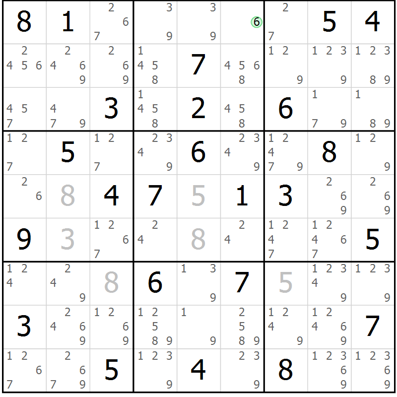 Position des candidats pour la solution de la Gr 81 page 84 du magazine de sudoku Virtuose n° 121