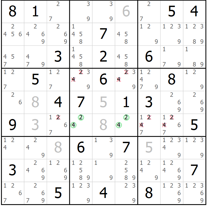 Position des candidats pour la solution de la Gr 81 page 84 du magazine de sudoku Virtuose n° 121