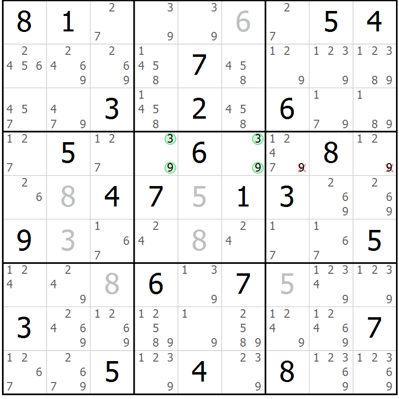 Position des candidats pour la solution de la Gr 81 page 84 du magazine de sudoku Virtuose n° 121