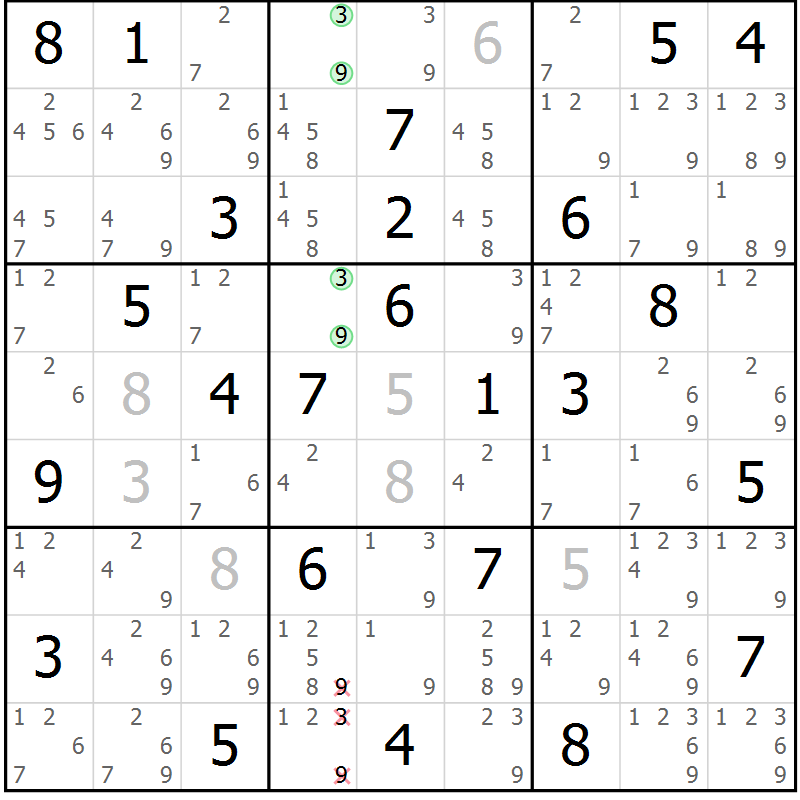 Position des candidats pour la solution de la Gr 81 page 84 du magazine de sudoku Virtuose n° 121