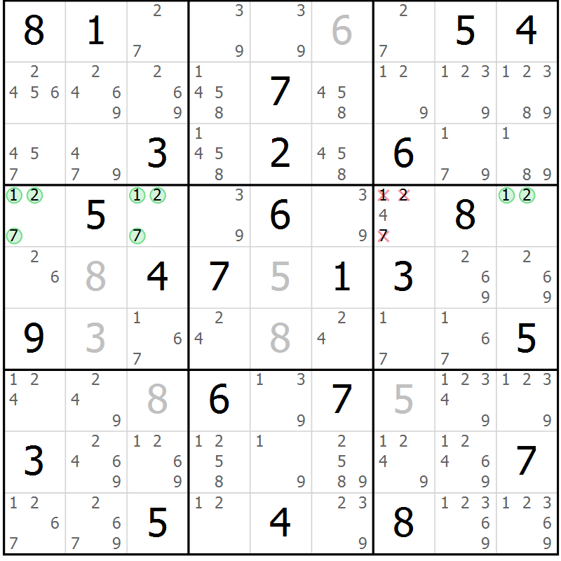 Position des candidats pour la solution de la Gr 81 page 84 du magazine de sudoku Virtuose n° 121