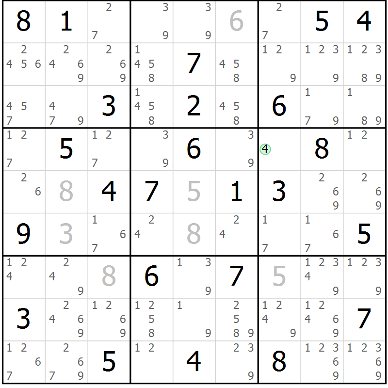 Position des candidats pour la solution de la Gr 81 page 84 du magazine de sudoku Virtuose n° 121