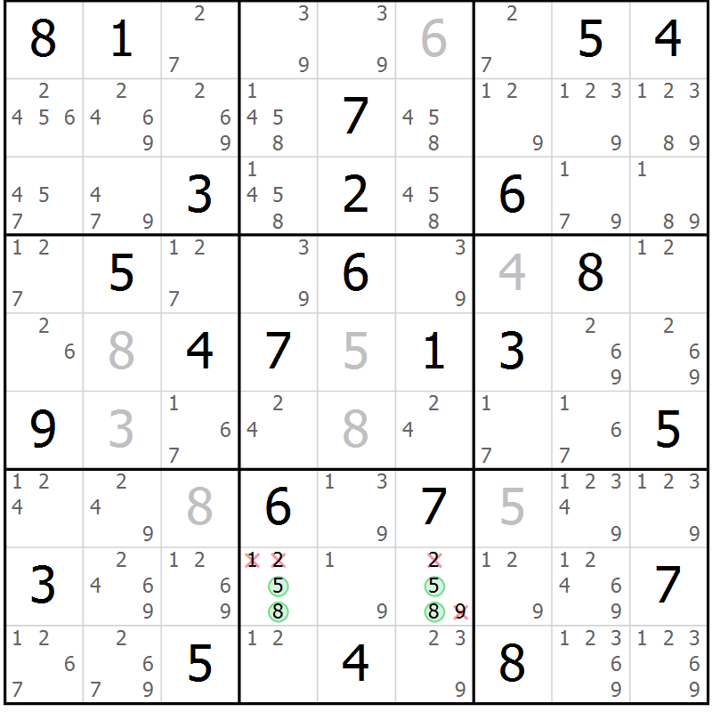 Position des candidats pour la solution de la Gr 81 page 84 du magazine de sudoku Virtuose n° 121