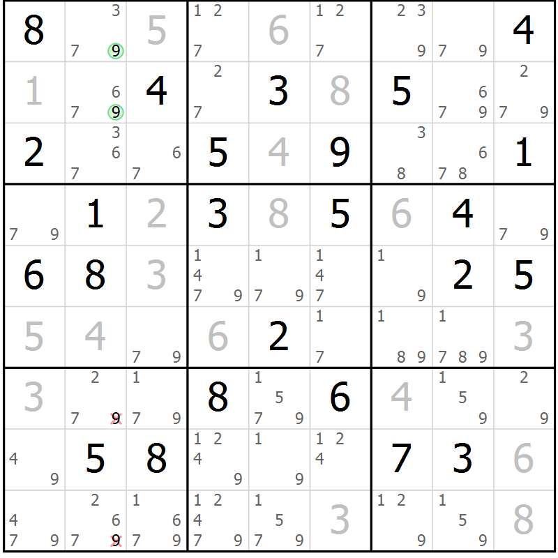 Position des candidats pour la solution de la Gr 82 page 85 du magazine de sudoku Virtuose n° 121