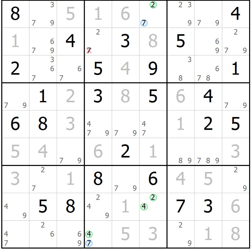 Position des candidats pour la solution de la Gr 82 page 85 du magazine de sudoku Virtuose n° 121