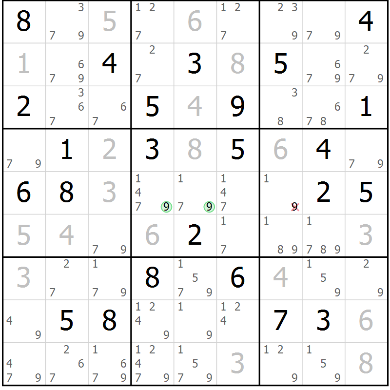 Position des candidats pour la solution de la Gr 82 page 85 du magazine de sudoku Virtuose n° 121