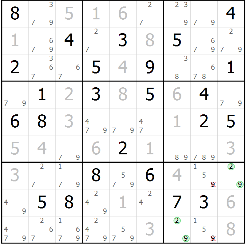 Position des candidats pour la solution de la Gr 82 page 85 du magazine de sudoku Virtuose n° 121