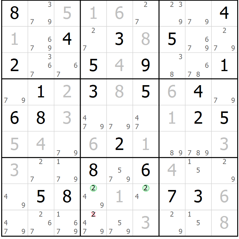 Position des candidats pour la solution de la Gr 82 page 85 du magazine de sudoku Virtuose n° 121
