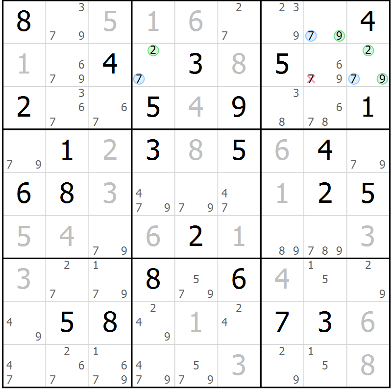 Position des candidats pour la solution de la Gr 82 page 85 du magazine de sudoku Virtuose n° 121