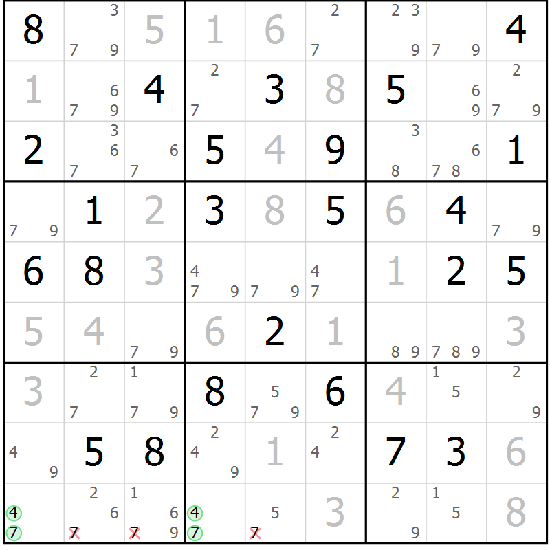 Position des candidats pour la solution de la Gr 82 page 85 du magazine de sudoku Virtuose n° 121