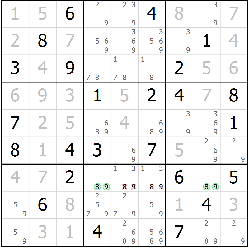 Position des candidats pour la solution de la Gr 84 page 87 du magazine de sudoku Virtuose n° 121