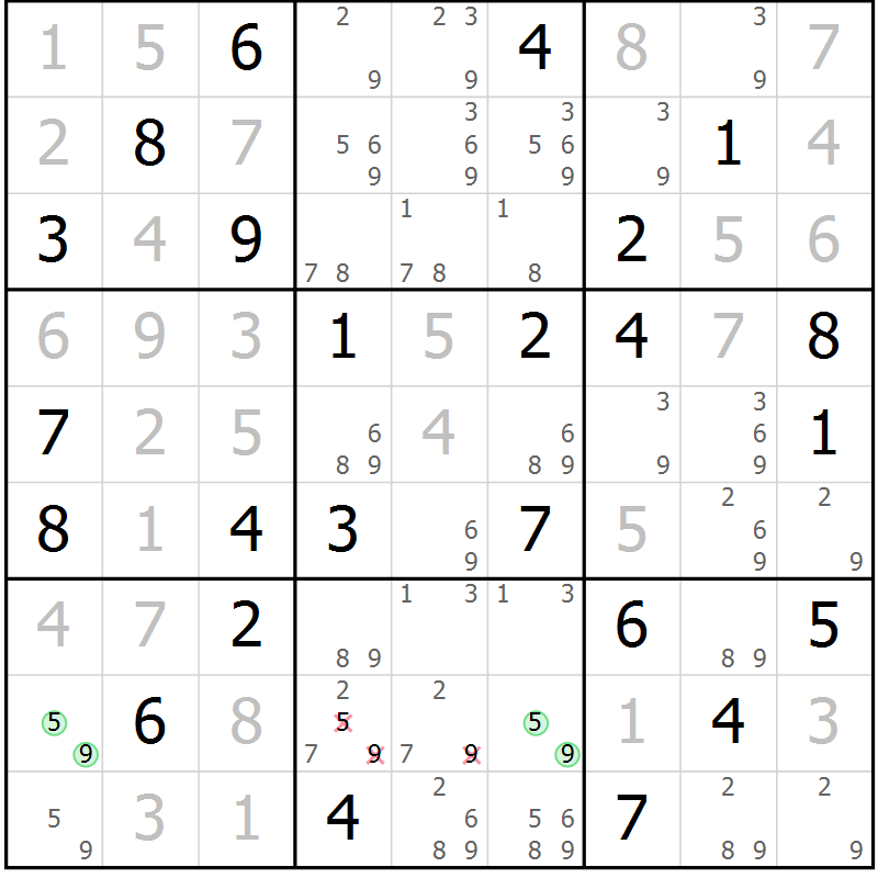 Position des candidats pour la solution de la Gr 84 page 87 du magazine de sudoku Virtuose n° 121