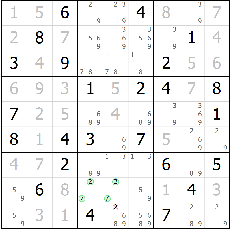 Position des candidats pour la solution de la Gr 84 page 87 du magazine de sudoku Virtuose n° 121