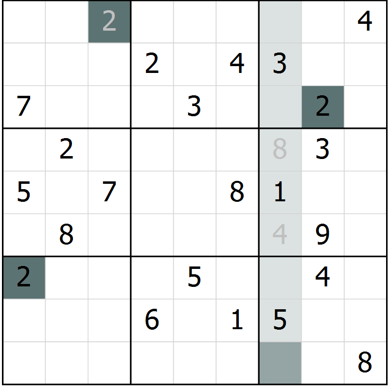 Position des candidats pour la solution de la Gr 9 page 12 du magazine de sudoku Virtuose n° 121