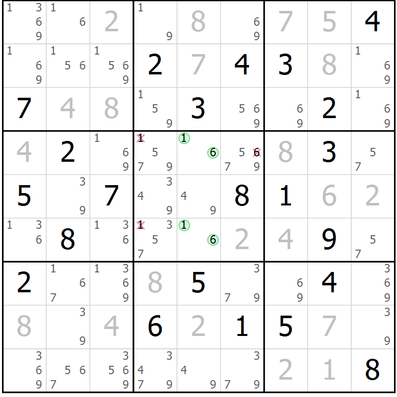 Position des candidats pour la solution de la Gr 9 page 12 du magazine de sudoku Virtuose n° 121