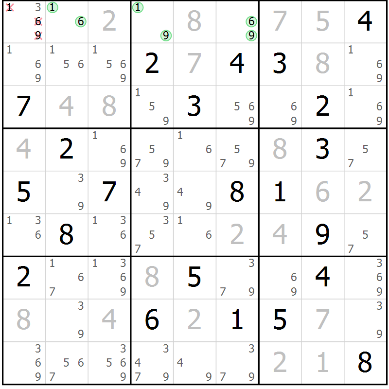 Position des candidats pour la solution de la Gr 9 page 12 du magazine de sudoku Virtuose n° 121