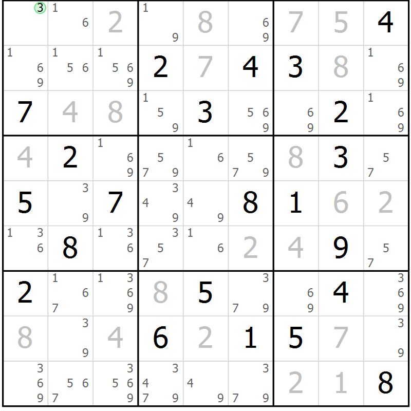Position des candidats pour la solution de la Gr 9 page 12 du magazine de sudoku Virtuose n° 121