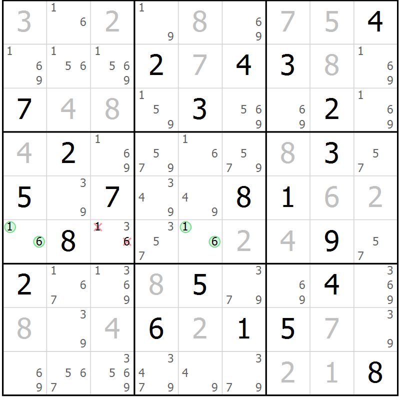 Position des candidats pour la solution de la Gr 9 page 12 du magazine de sudoku Virtuose n° 121