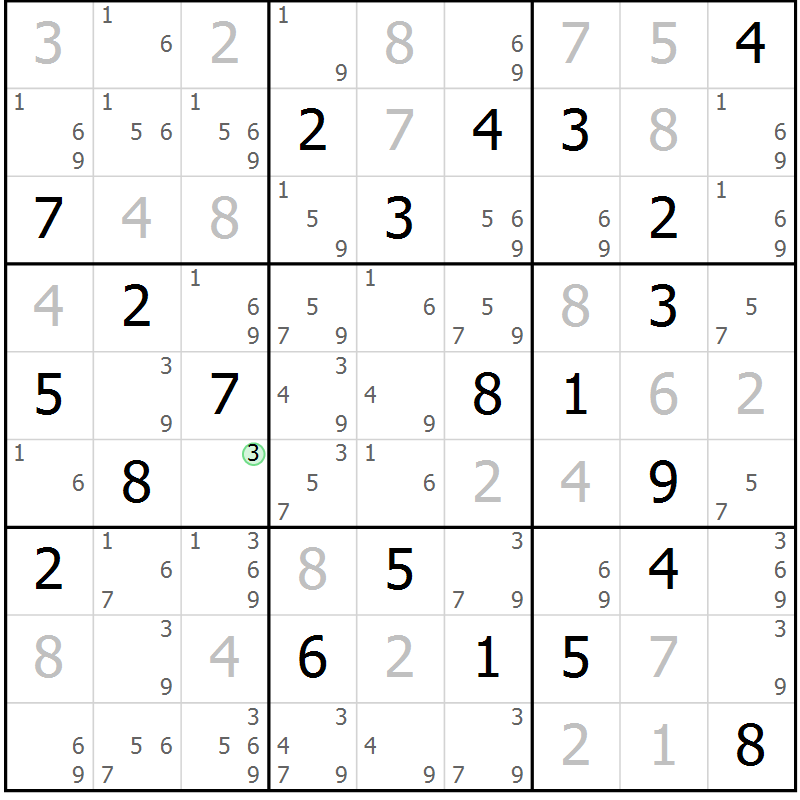 Position des candidats pour la solution de la Gr 9 page 12 du magazine de sudoku Virtuose n° 121