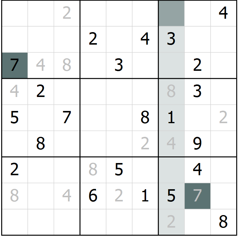 Position des candidats pour la solution de la Gr 9 page 12 du magazine de sudoku Virtuose n° 121