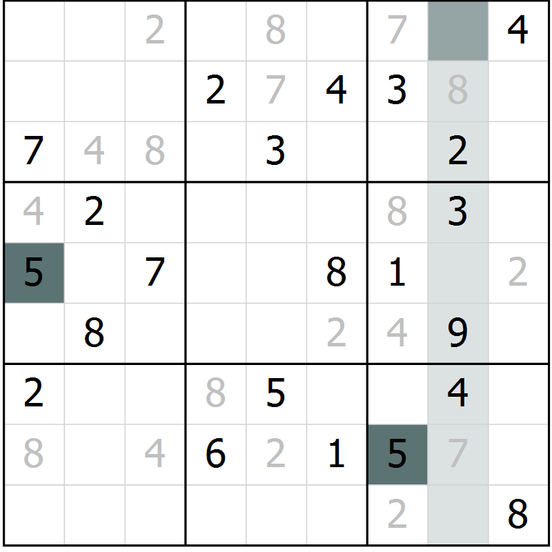 Position des candidats pour la solution de la Gr 9 page 12 du magazine de sudoku Virtuose n° 121
