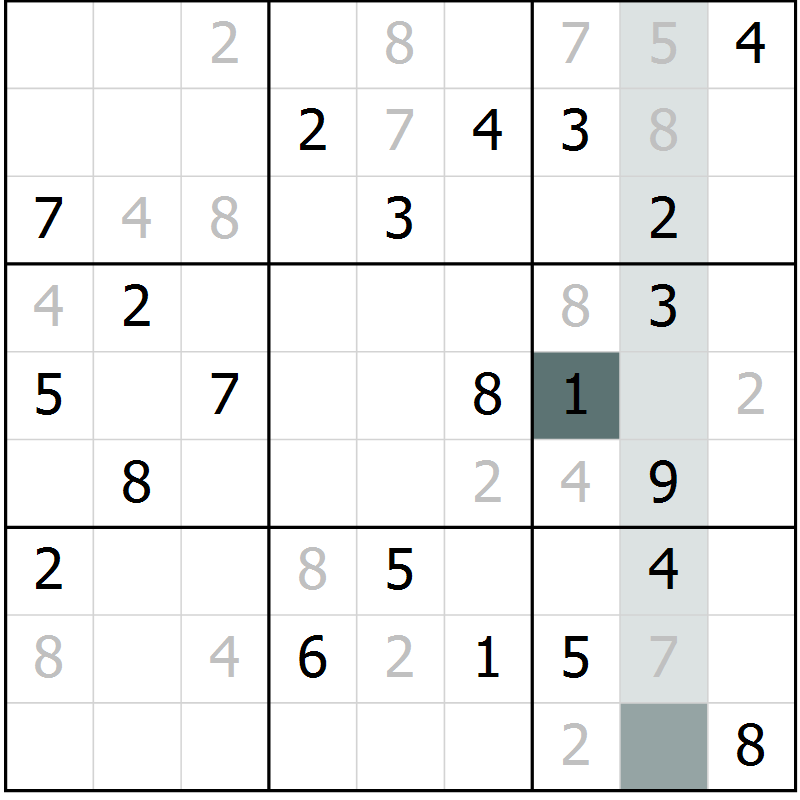 Position des candidats pour la solution de la Gr 9 page 12 du magazine de sudoku Virtuose n° 121