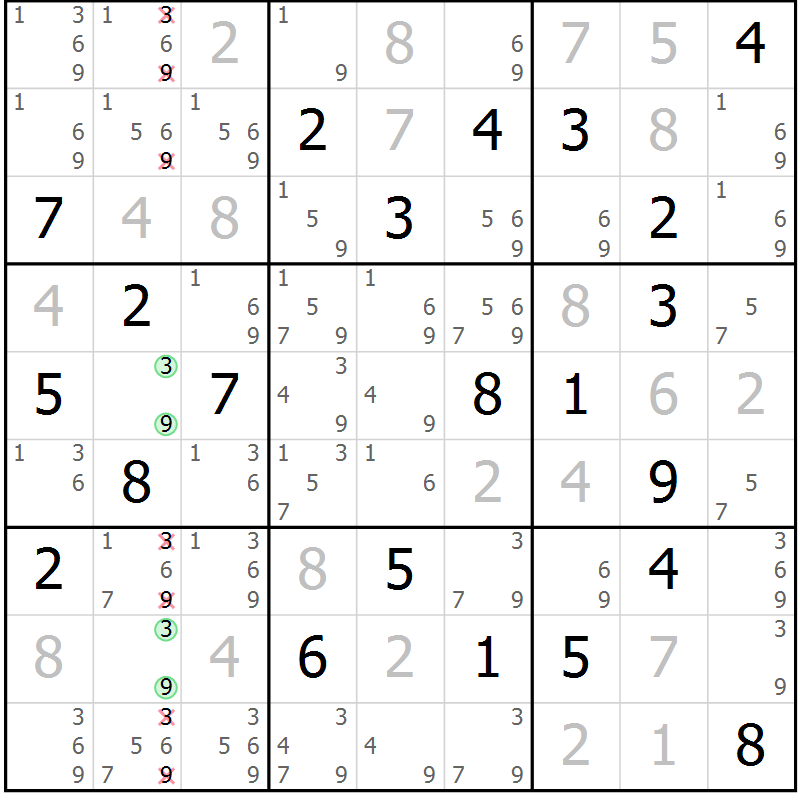 Position des candidats pour la solution de la Gr 9 page 12 du magazine de sudoku Virtuose n° 121